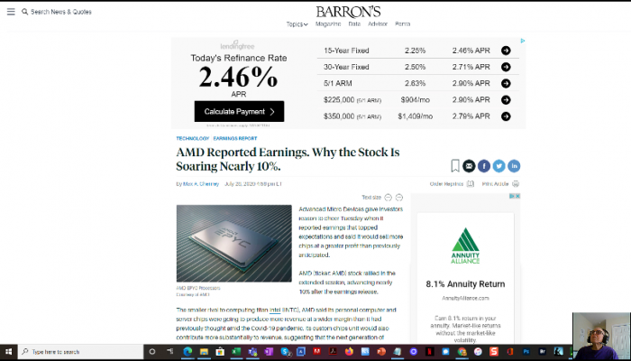 Screenshort of the first frame of a recording of comments by Ira Michael Blonder, CEO and Founder of IMB Enterprises, Inc. on AMD's second quarter fiscal year 2020 earnings report