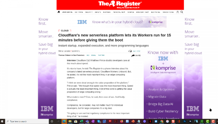 Screenshot of the first frame from a video recording of comments by Ira Michael Blonder on a story titled "Cloudflare's new serverless platform lets its Workers run for 15 minutes before giving them the boot