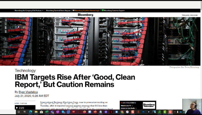 picture of the first frame of a video recording on comments about IBM's second quarter 2020 earnings report
